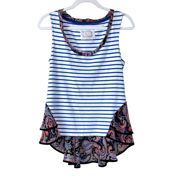 Anthropologie Postmark Blue Striped Paisley Ruffle Hem Tank Top Size Small - Picture 1 of 7